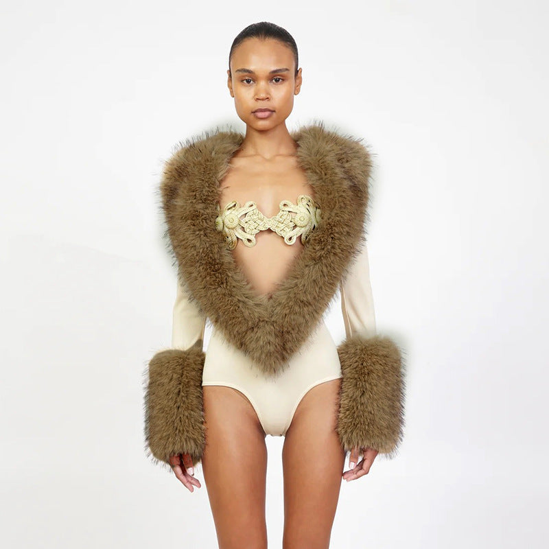 Women's Faux Fur Trim Long Sleeve Bodysuit Romper