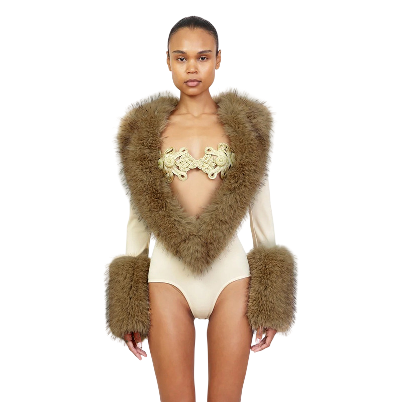 Women's Faux Fur Trim Long Sleeve Bodysuit Romper