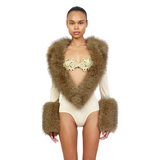 Women's Faux Fur Trim Long Sleeve Bodysuit Romper