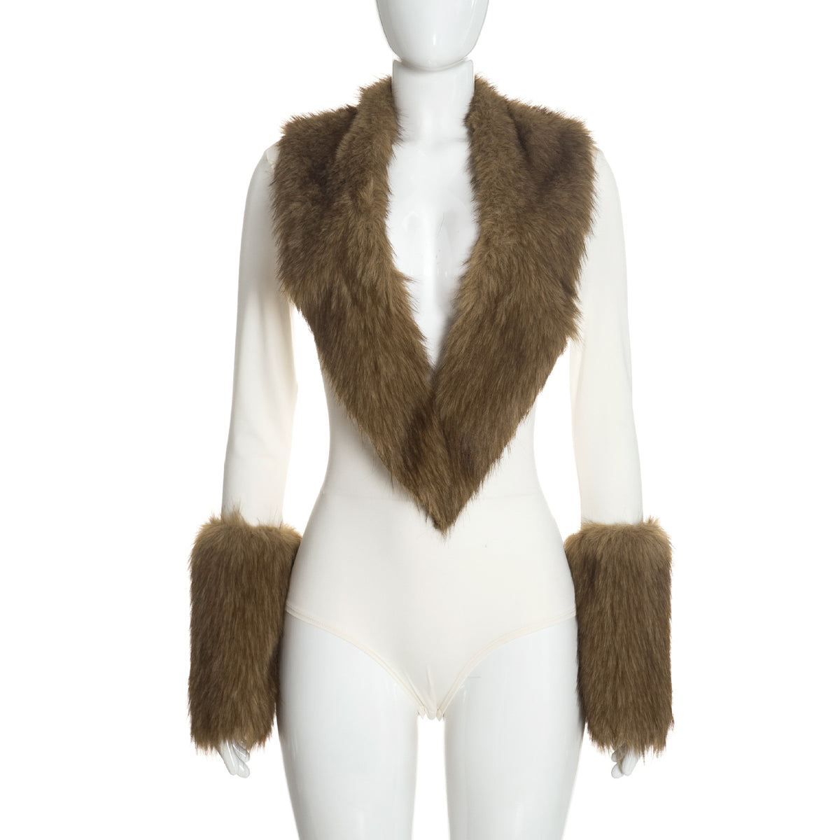 Women's Faux Fur Trim Long Sleeve Bodysuit Romper