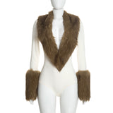 Women's Faux Fur Trim Long Sleeve Bodysuit Romper