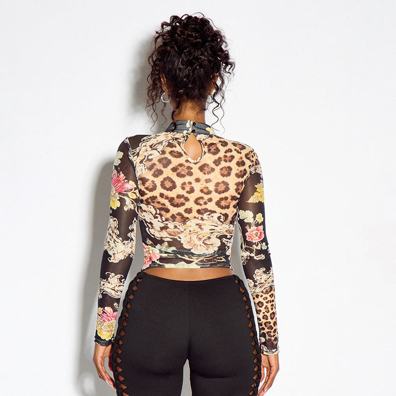 Women's Floral Leopard Print Long Sleeve Crop Top