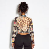 Women's Floral Leopard Print Long Sleeve Crop Top