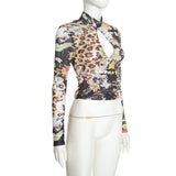 Women's Floral Leopard Print Long Sleeve Crop Top