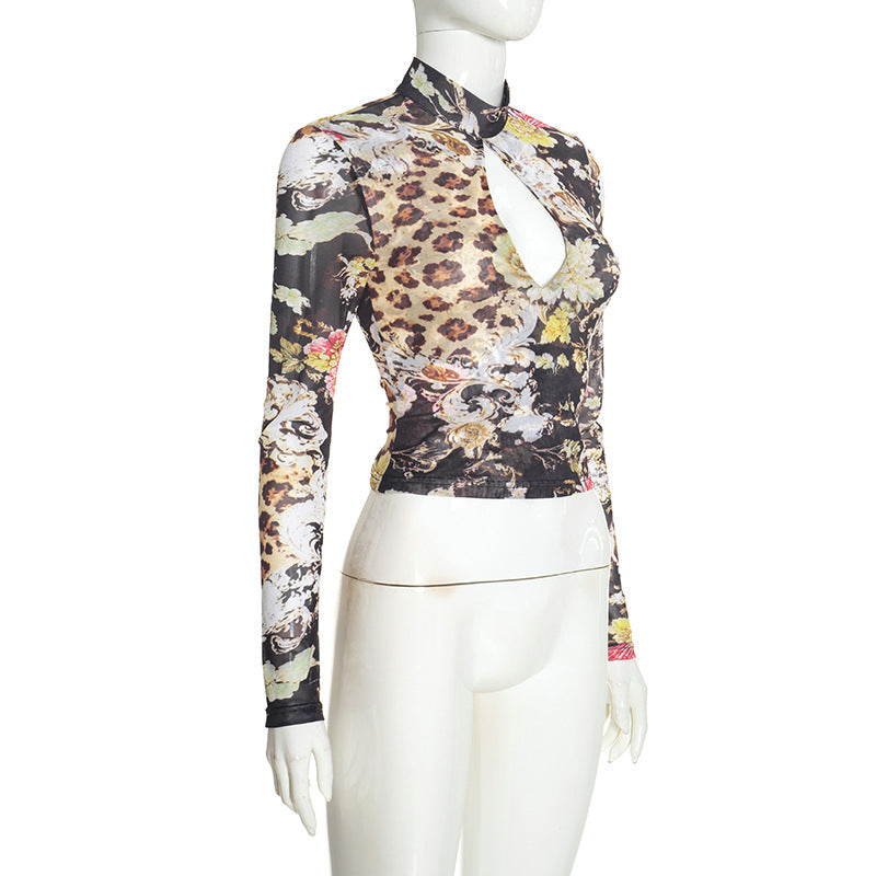 Women's Floral Leopard Print Long Sleeve Crop Top