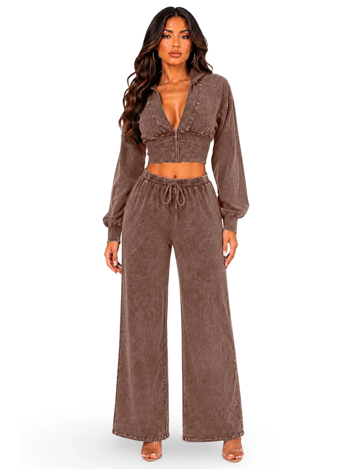 Women's Cropped Zip Hoodie and Wide Leg Pants Set