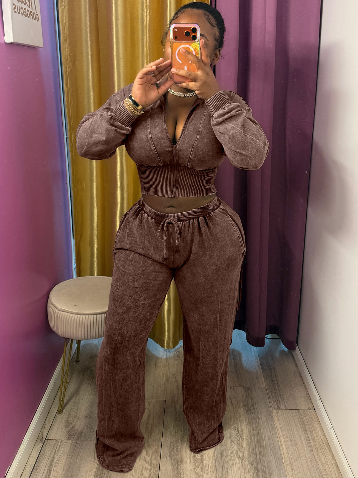 Women's Cropped Zip Hoodie and Wide Leg Pants Set