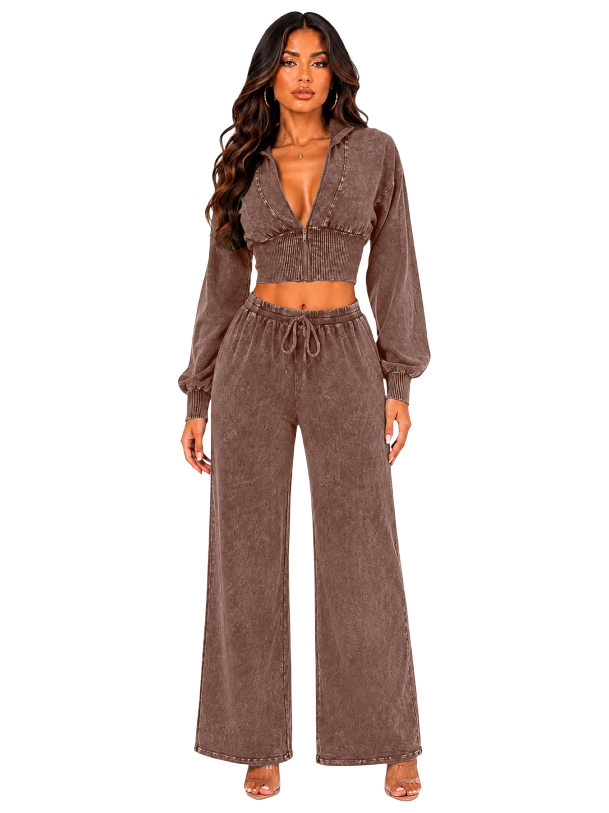 Women's Cropped Zip Hoodie and Wide Leg Pants Set