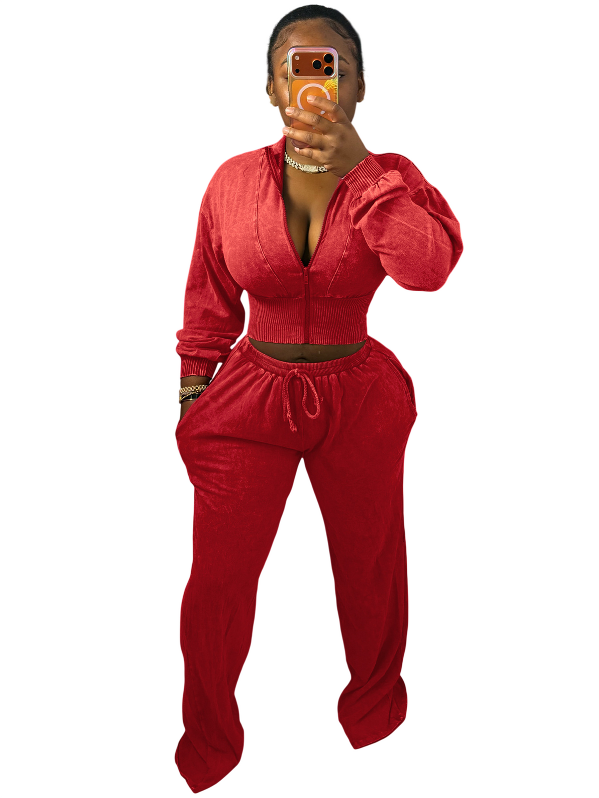 Women's Cropped Zip Hoodie and Wide Leg Pants Set