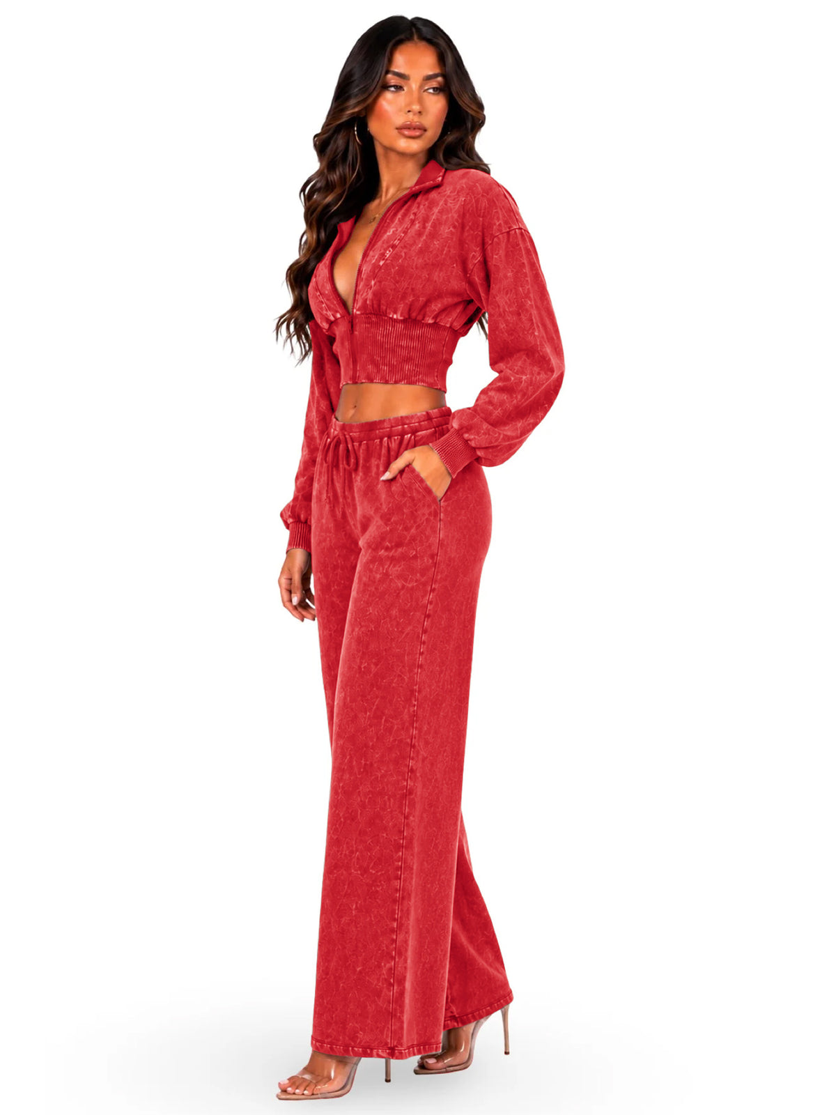 Women's Cropped Zip Hoodie and Wide Leg Pants Set