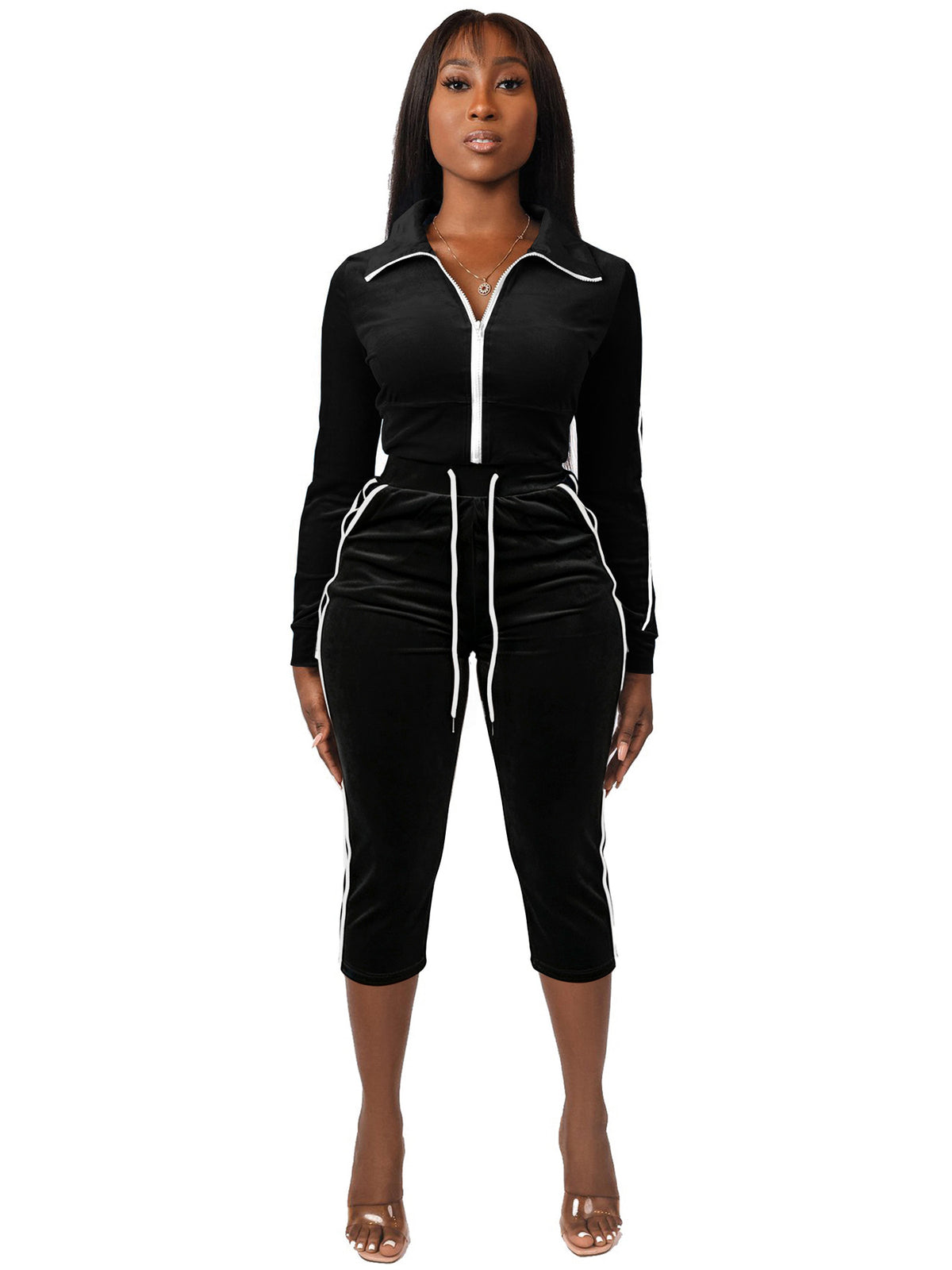 Women's Cropped Zip-Up Jacket and Capri Pants Set