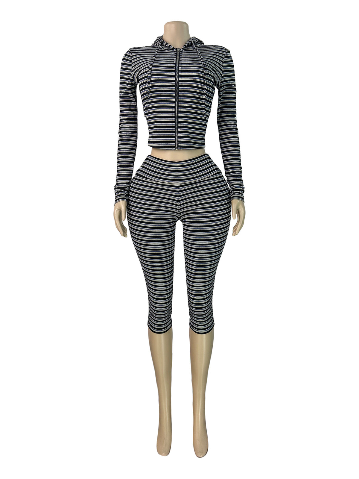 Women's Striped Zip-Up Hoodie and Capri Set