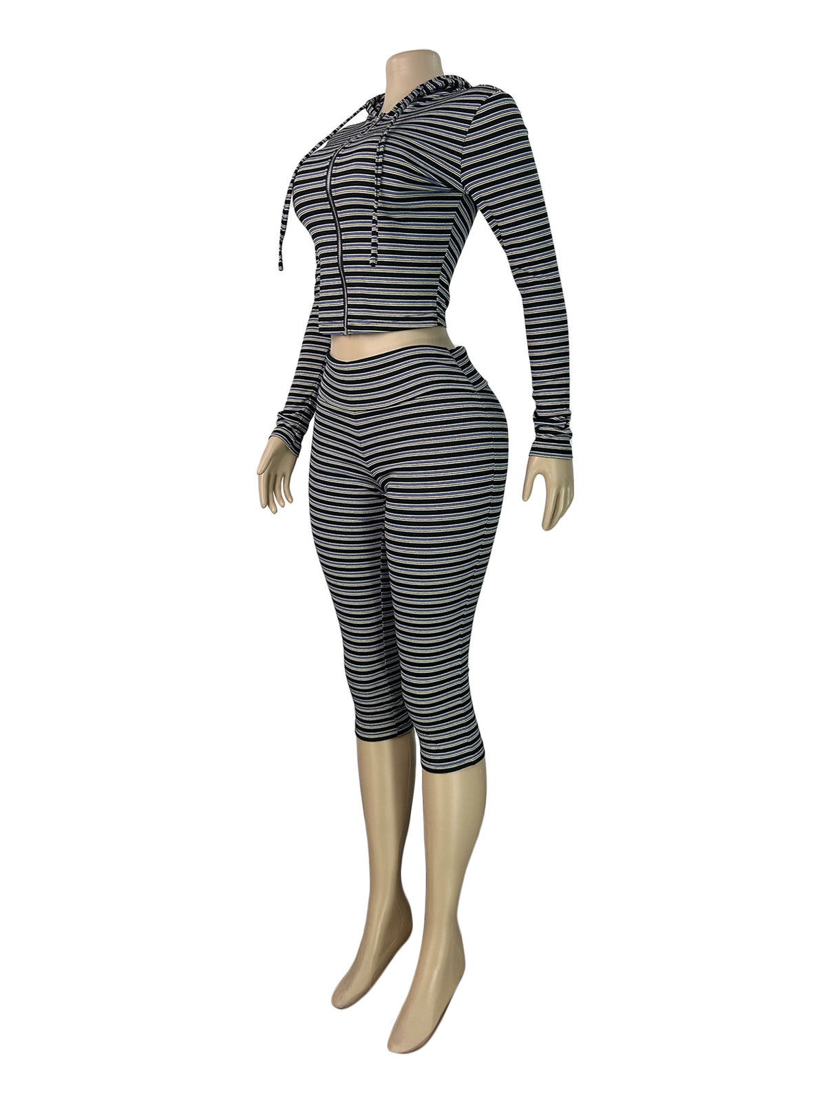 Women's Striped Zip-Up Hoodie and Capri Set