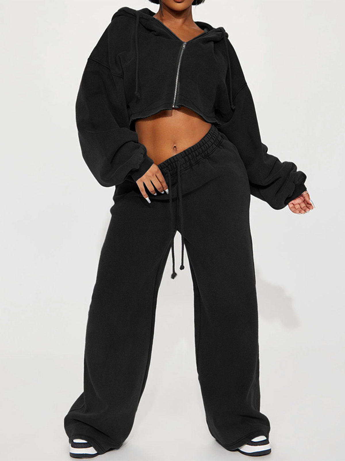 Women's Cropped Hoodie and Wide Leg Sweatpants Set