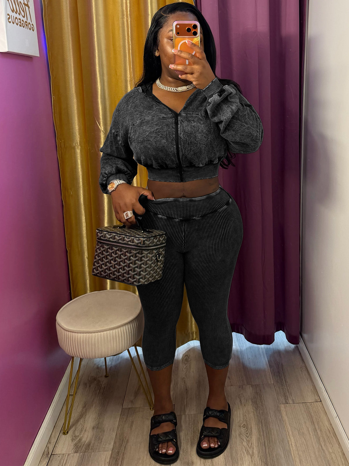 Women's Cropped Zip Hoodie and Capri Pants Set