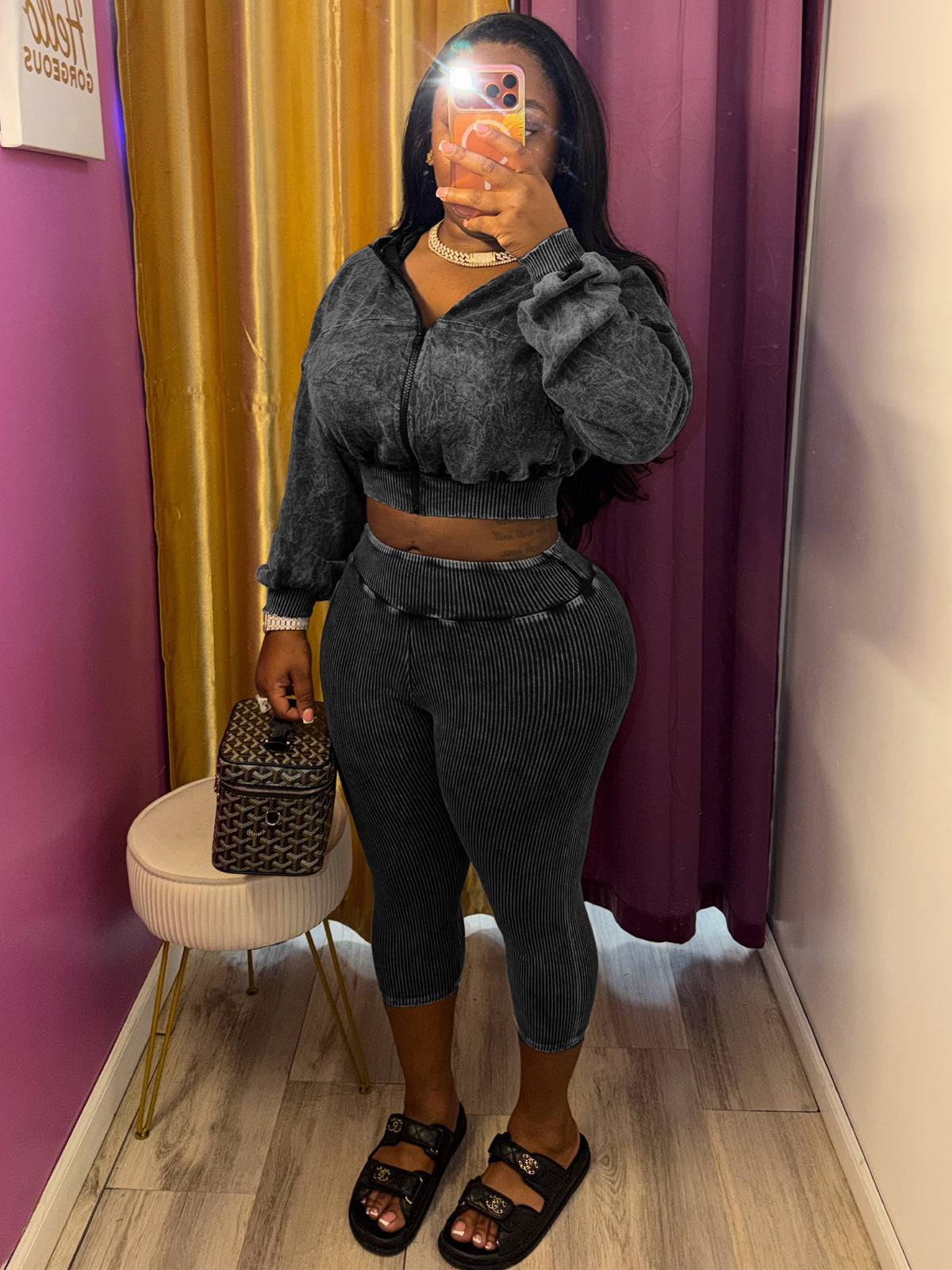 Women's Cropped Zip Hoodie and Capri Pants Set