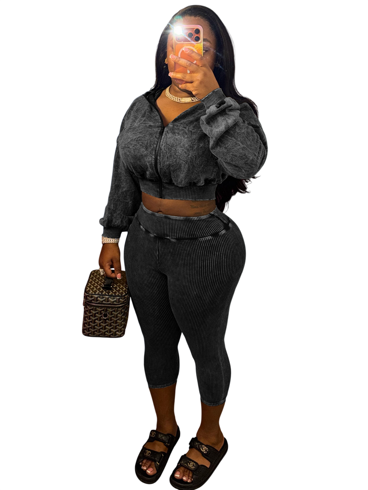 Women's Cropped Zip Hoodie and Capri Pants Set