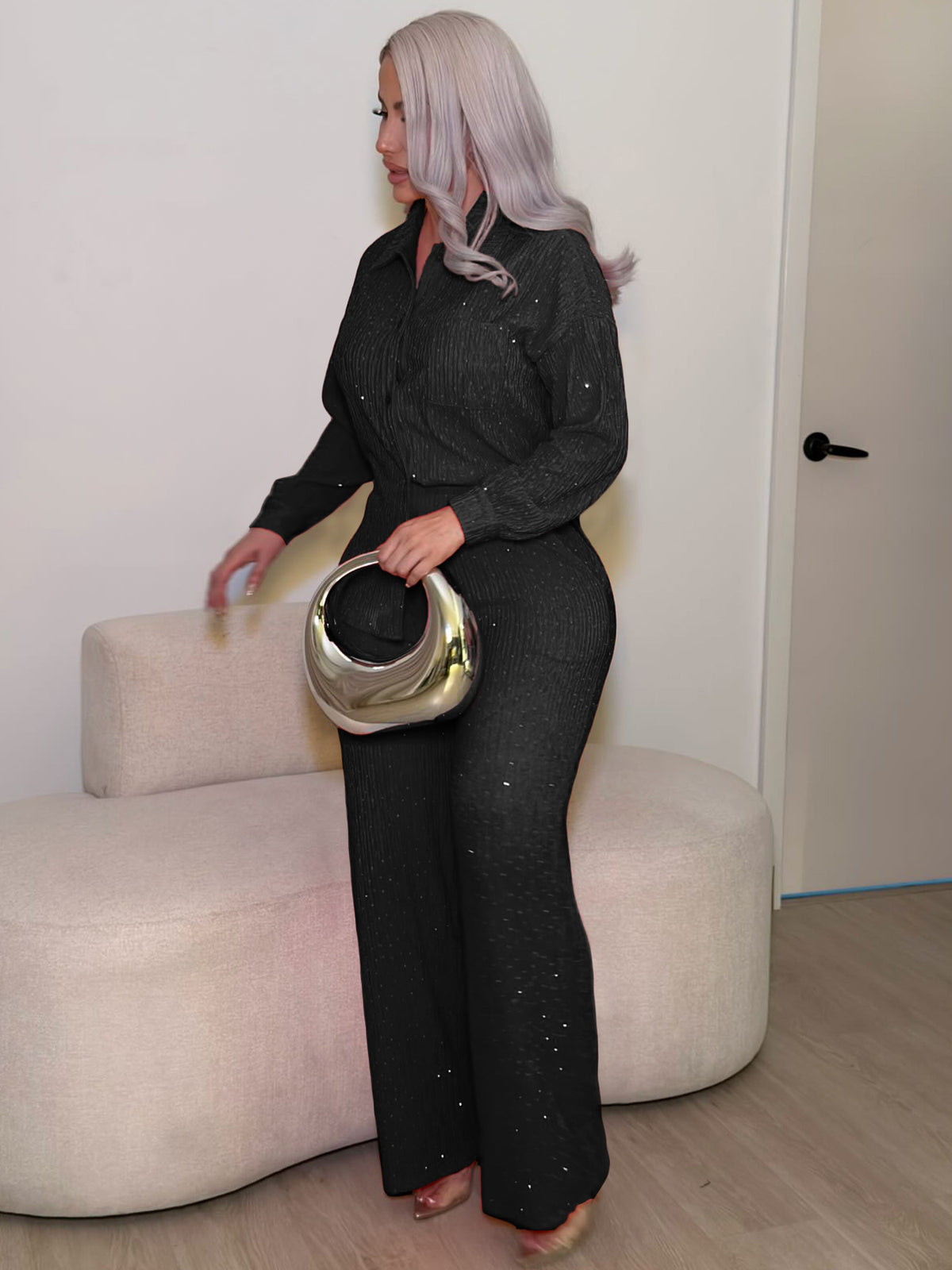 Women's Embellished Button-Up Shirt and Pants Set