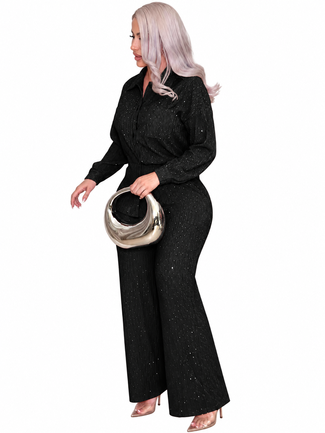 Women's Embellished Button-Up Shirt and Pants Set