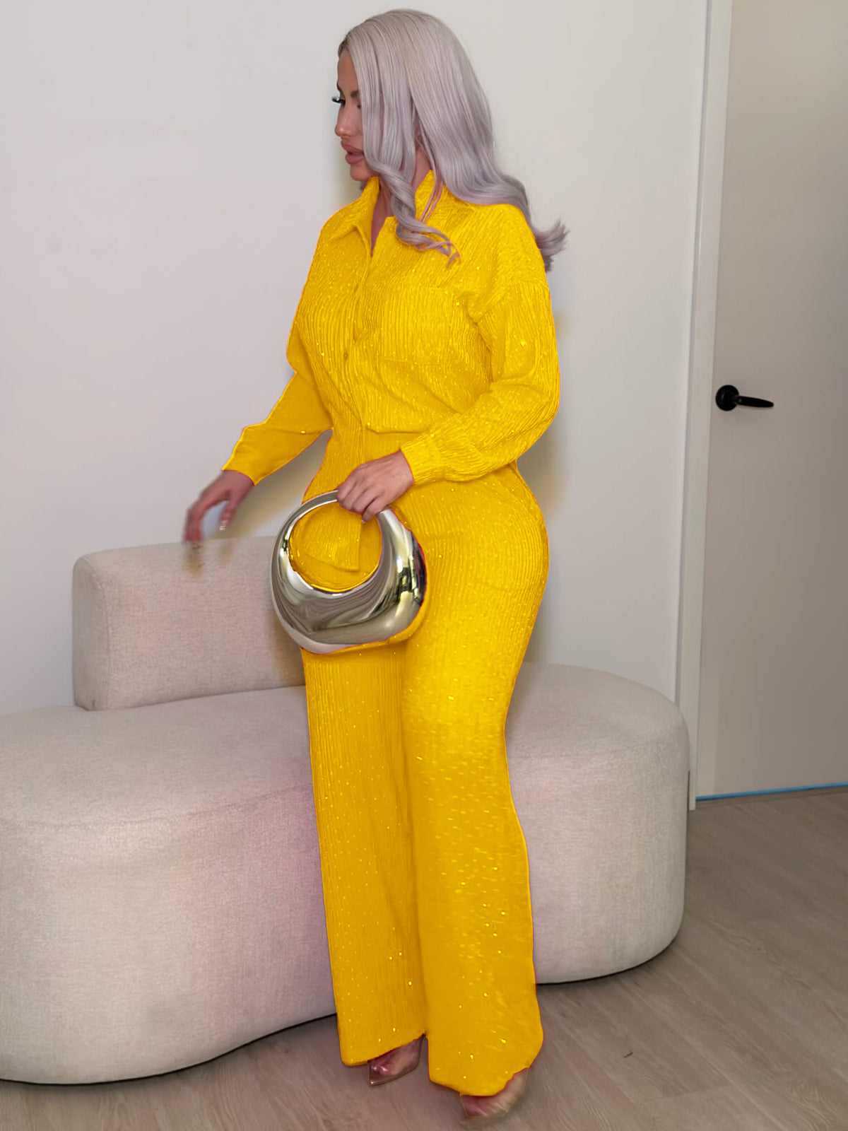 Women's Embellished Button-Up Shirt and Pants Set