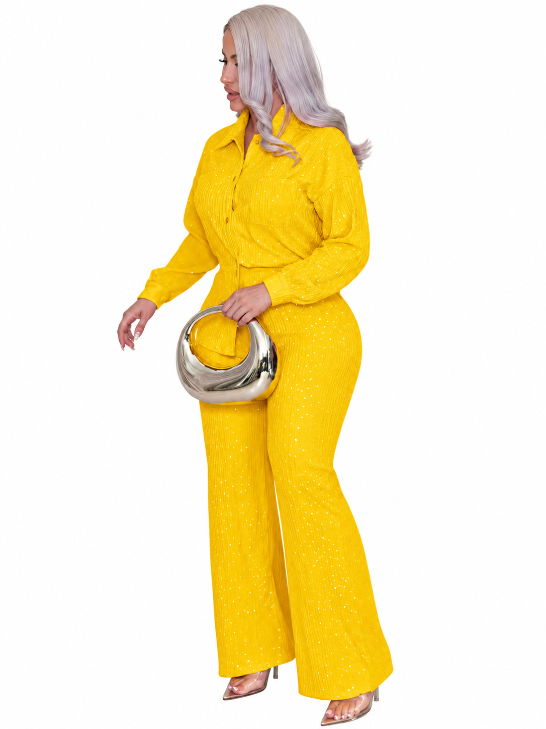 Women's Embellished Button-Up Shirt and Pants Set