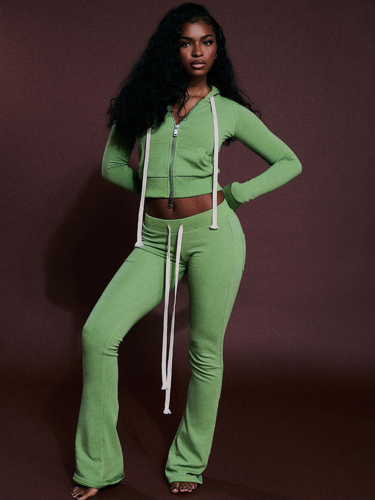 Women's Cropped Zip-Up Hoodie and Flare Pants Set