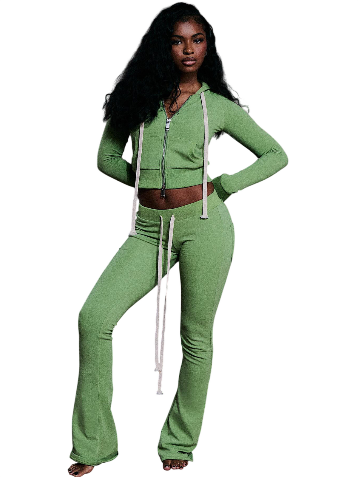 Women's Cropped Zip-Up Hoodie and Flare Pants Set