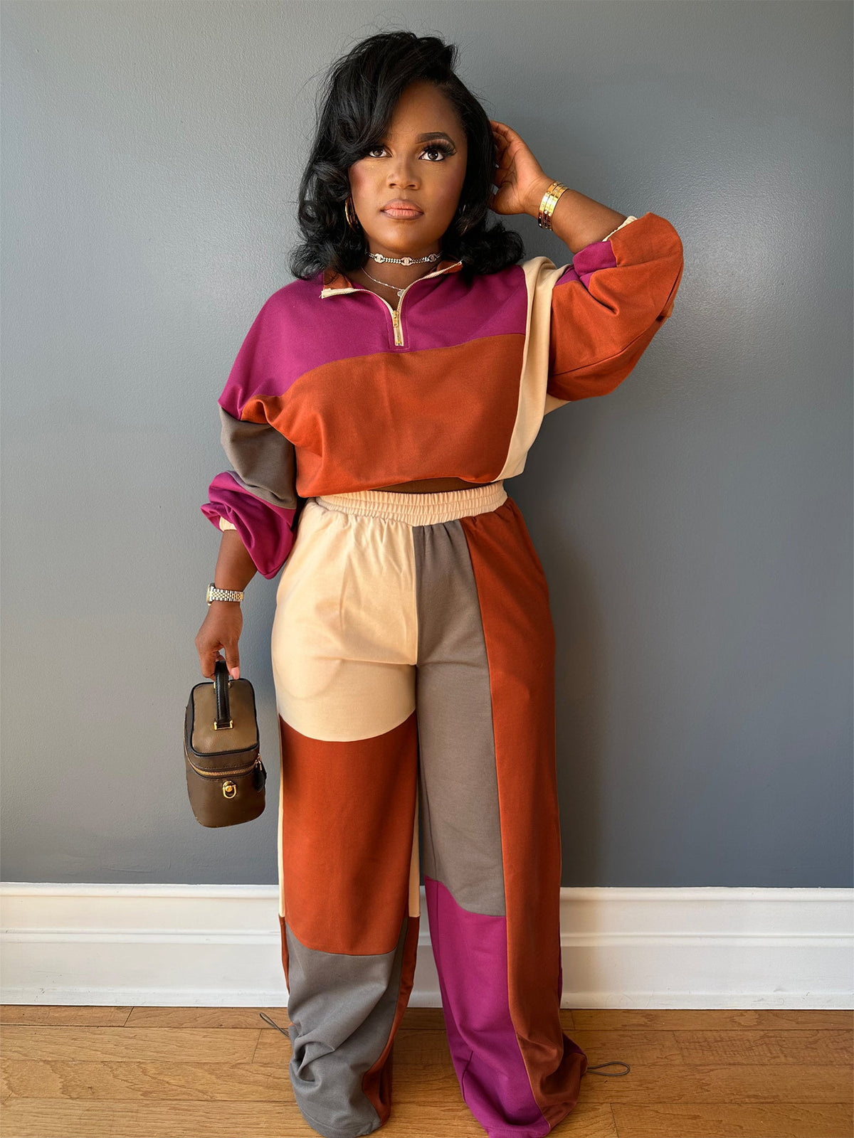 Women's Color Block Quarter Zip Top and Pants Set