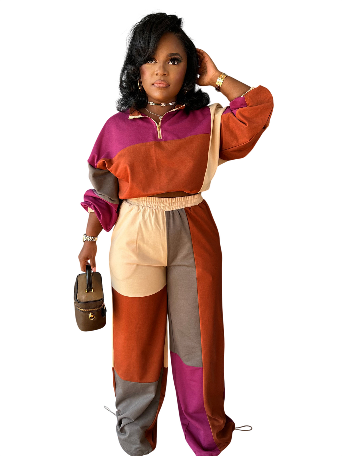 Women's Color Block Quarter Zip Top and Pants Set