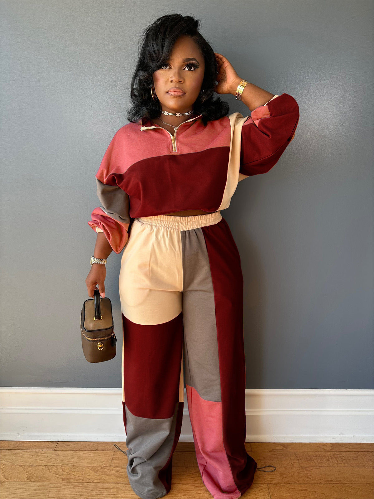 Women's Color Block Quarter Zip Top and Pants Set