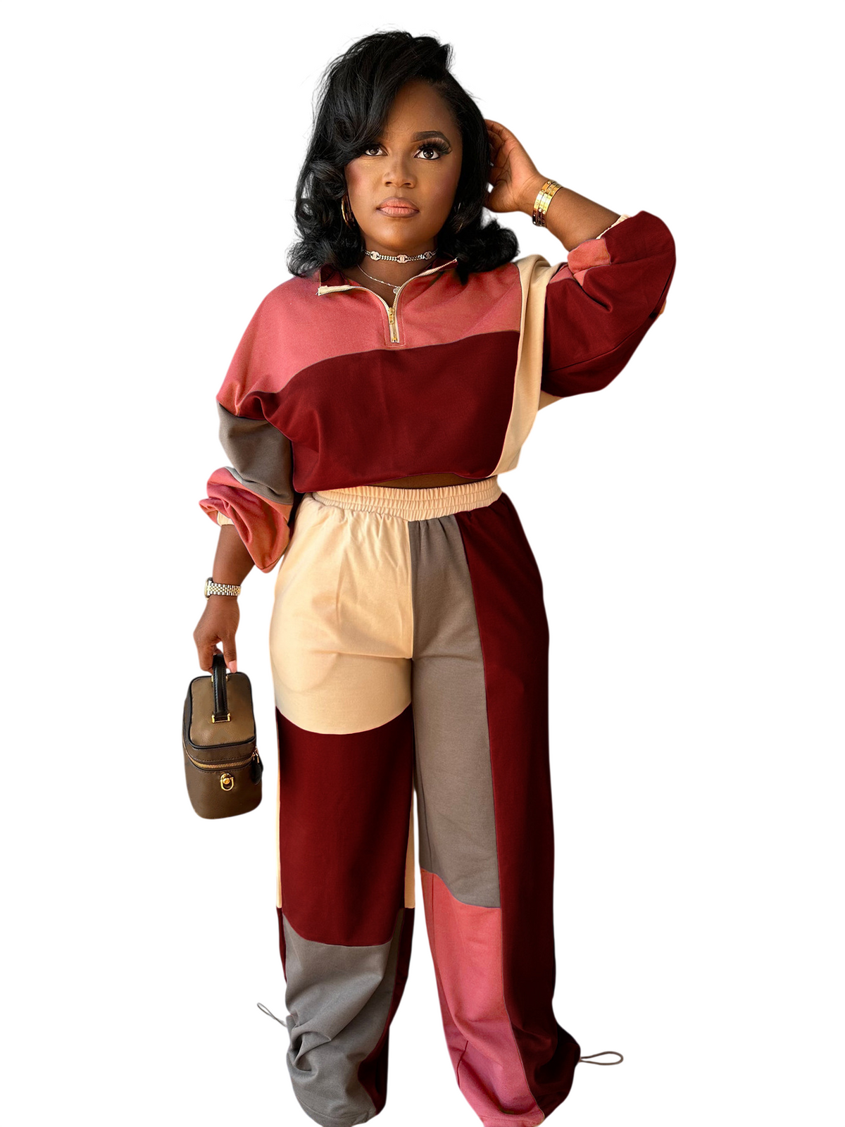 Women's Color Block Quarter Zip Top and Pants Set
