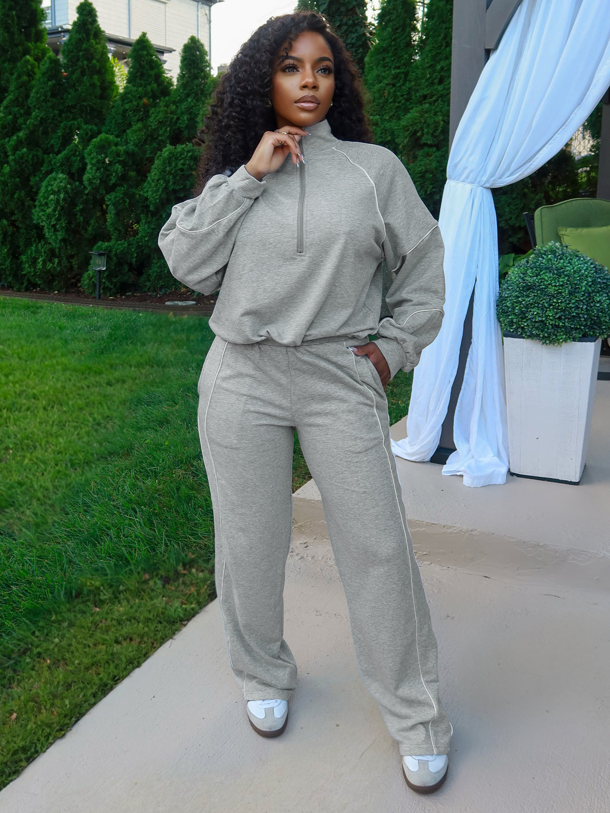 Women's Quarter Zip Pullover and Wide Leg Pants Set