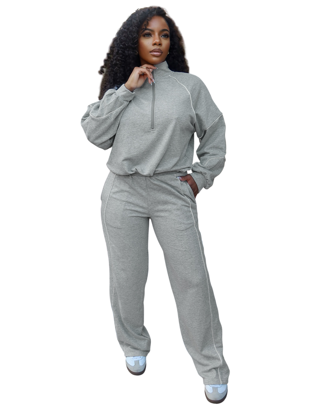 Women's Quarter Zip Pullover and Wide Leg Pants Set