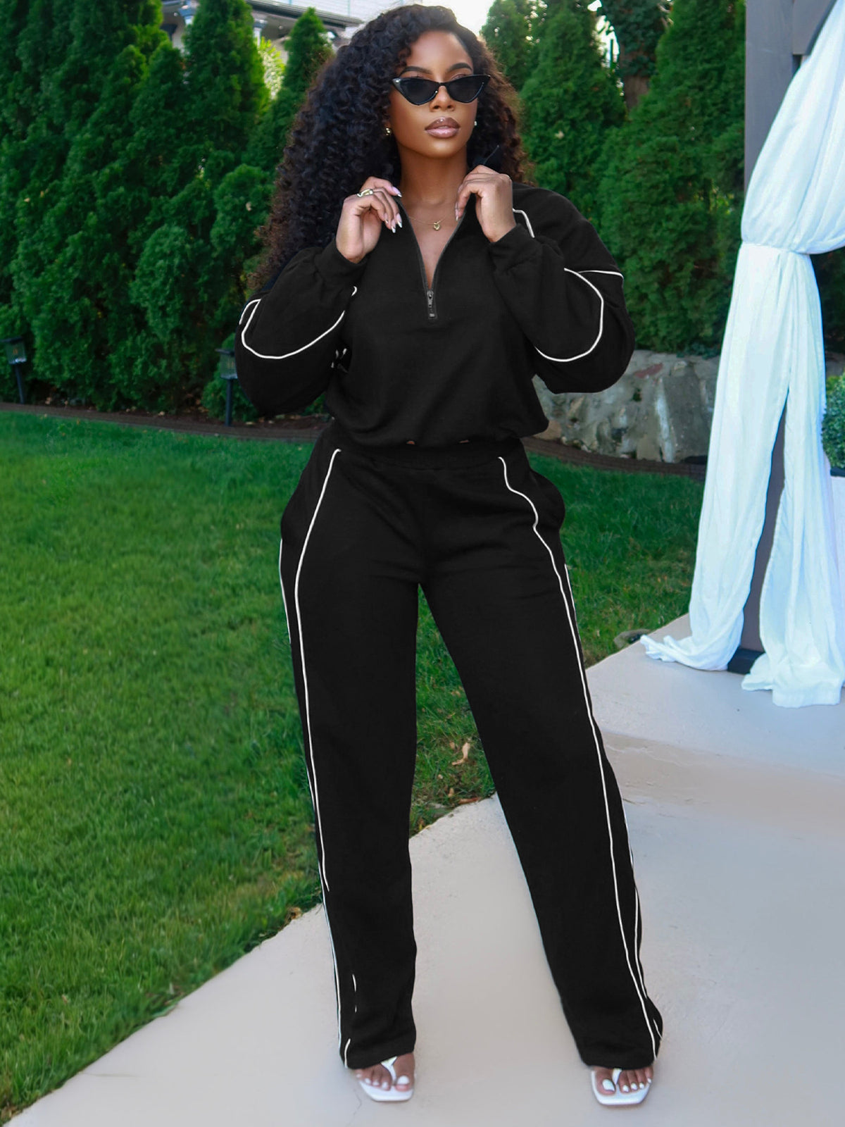 Women's Quarter Zip Pullover and Wide Leg Pants Set