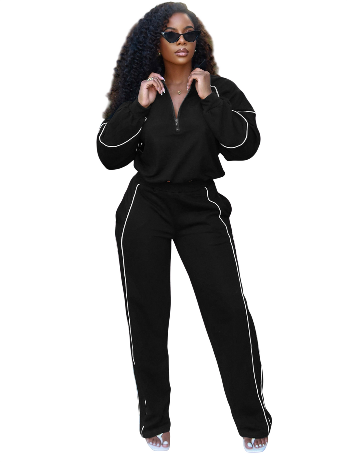 Women's Quarter Zip Pullover and Wide Leg Pants Set