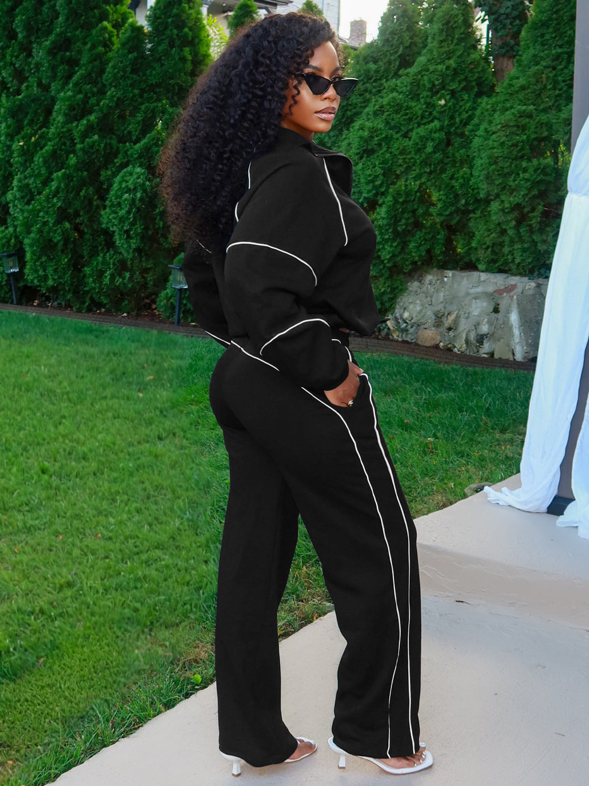 Women's Quarter Zip Pullover and Wide Leg Pants Set