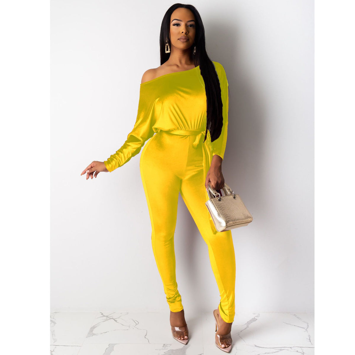 Women's Off Shoulder Long Sleeve Belted Jumpsuit
