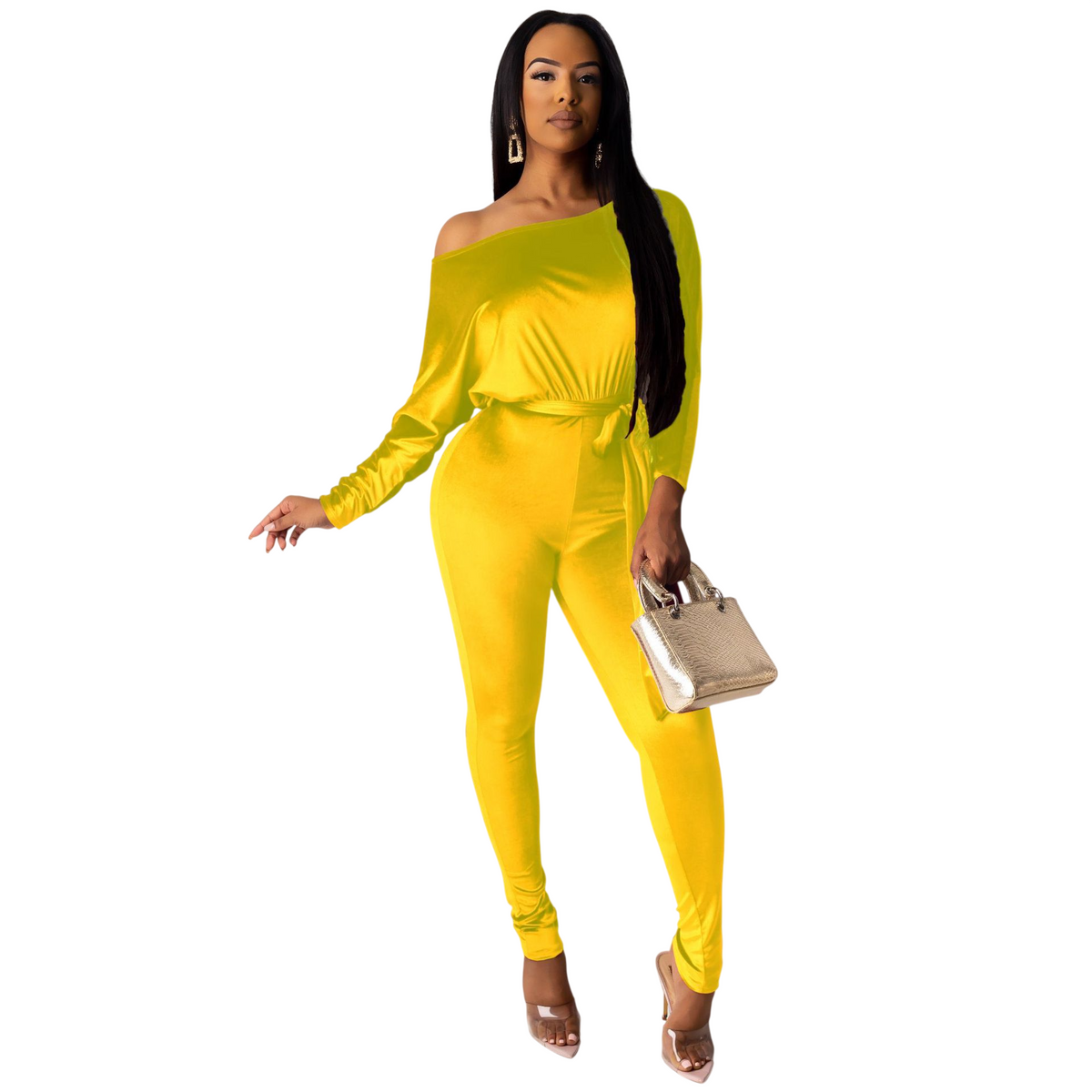 Women's Off Shoulder Long Sleeve Belted Jumpsuit