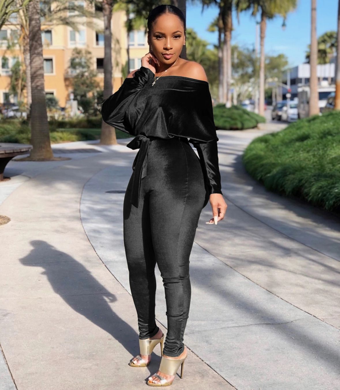 Women's Off Shoulder Long Sleeve Belted Jumpsuit