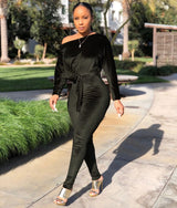 Women's Off Shoulder Long Sleeve Belted Jumpsuit