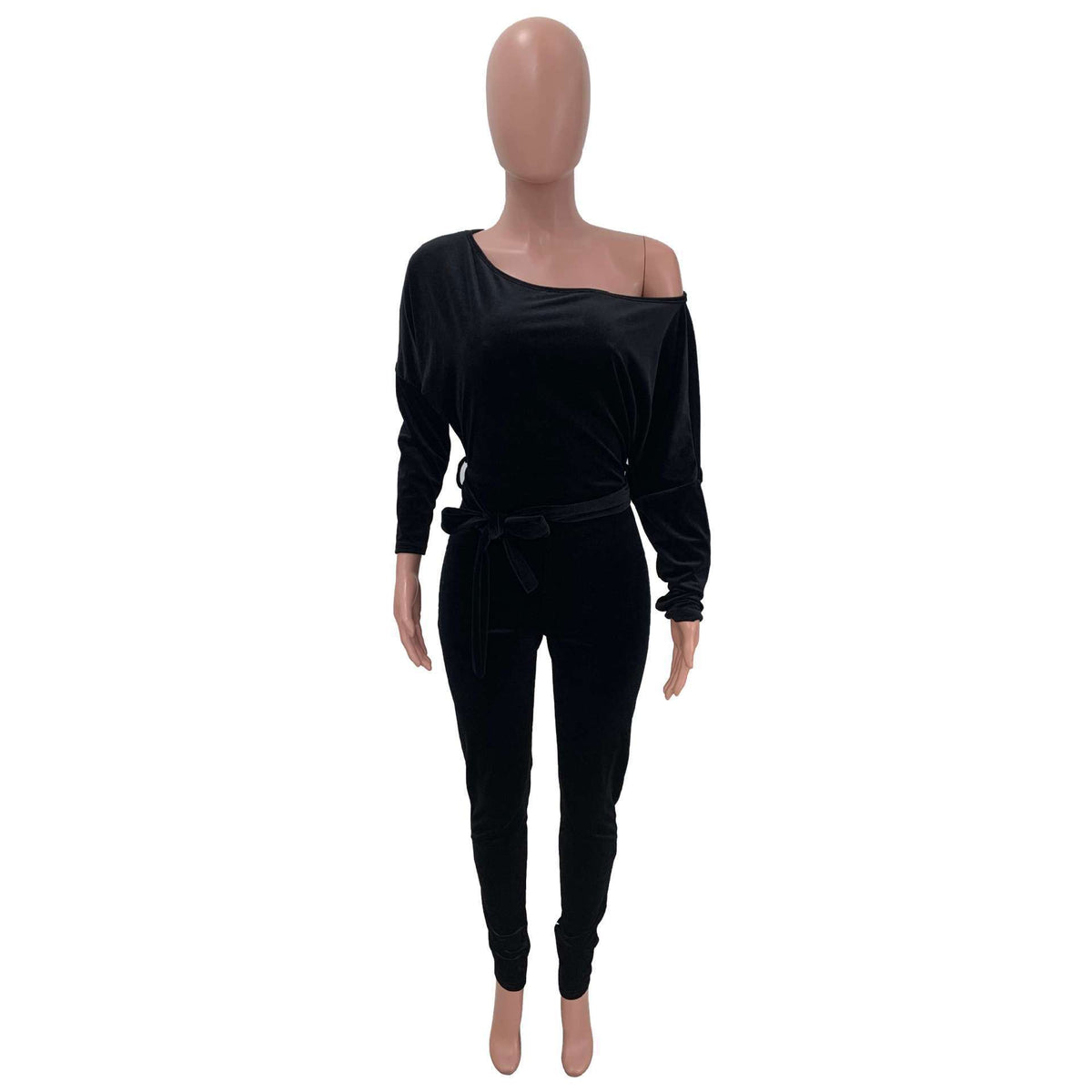 Women's Off Shoulder Long Sleeve Belted Jumpsuit