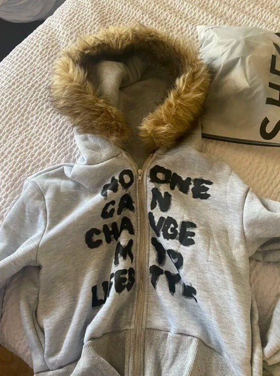 Women's Faux Fur Hood Graphic Zip Up Jacket
