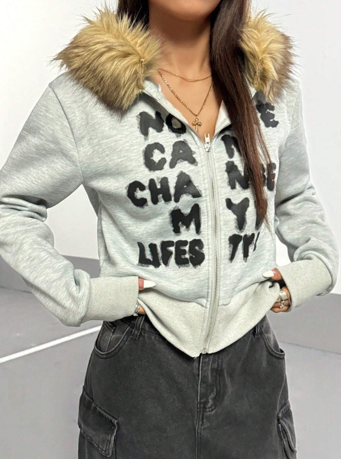 Women's Faux Fur Hood Graphic Zip Up Jacket