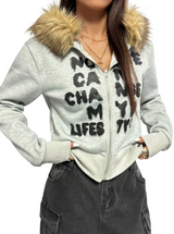 Women's Faux Fur Hood Graphic Zip Up Jacket