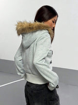 Women's Faux Fur Hood Graphic Zip Up Jacket