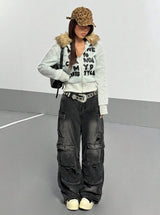 Women's Faux Fur Hood Graphic Zip Up Jacket