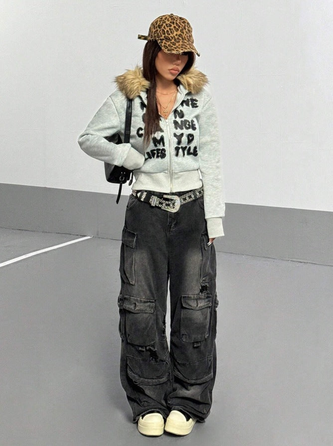 Women's Faux Fur Hood Graphic Zip Up Jacket