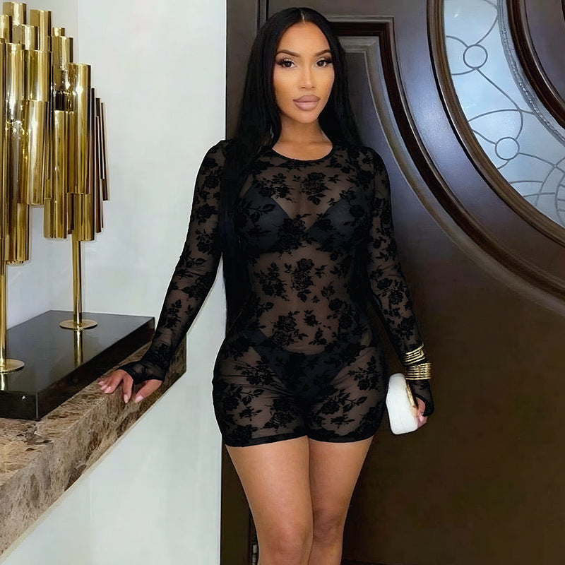 Women's Sheer Floral Lace Long Sleeve Romper