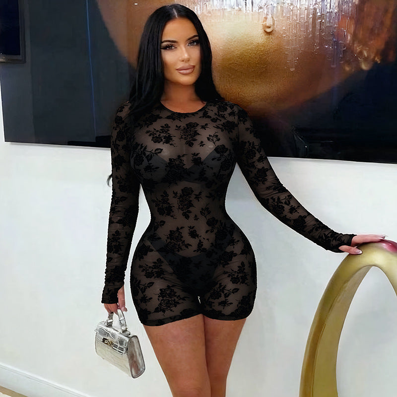Women's Sheer Floral Lace Long Sleeve Romper