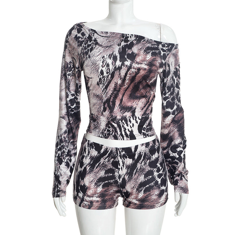 Women's Animal Print Off Shoulder Two Piece Shorts Set